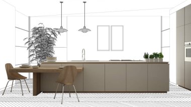 Bitmemiş proje, inşaat taslak altında, konsept iç tasarım kroki, el plan arka plan, mimar ve tasarımcı fikri ile gerçek modern minimalist mutfak işaret