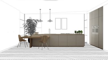 Bitmemiş proje, inşaat taslak altında, konsept iç tasarım kroki, el plan arka plan, mimar ve tasarımcı fikri ile gerçek modern minimalist mutfak işaret