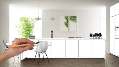 Bitmemiş proje, inşaat taslak altında, konsept iç tasarım kroki, gerçek arka planda el çizim planı mutfak kroki, mimar ve tasarımcı fikri