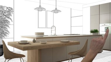 İnşaat taslak, konsept iç tasarım kroki, plan arka plan, mimar ve tasarımcı fikir ile el işaret gerçek ahşap Mutfak altında tamamlanmamış proje