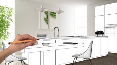 Bitmemiş proje, inşaat taslak altında, konsept iç tasarım kroki, gerçek arka planda el çizim planı mutfak kroki, mimar ve tasarımcı fikri