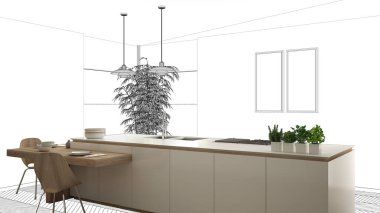 Bitmemiş proje, inşaat taslak altında, konsept iç tasarım kroki, el plan arka plan, mimar ve tasarımcı fikri ile gerçek modern minimalist mutfak işaret