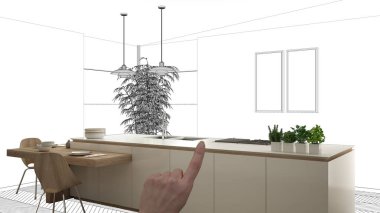 İnşaat taslak, konsept iç tasarım kroki, plan arka plan, mimar ve tasarımcı fikir ile el işaret gerçek ahşap Mutfak altında tamamlanmamış proje