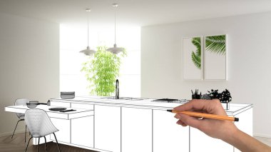 Bitmemiş proje, inşaat taslak altında, konsept iç tasarım kroki, gerçek arka planda el çizim planı mutfak kroki, mimar ve tasarımcı fikri