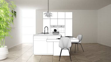 Plan proje taslağı, ada ve lambalar ile minimalist modern mutfak kroki, iç tasarım konsept fikri, parke zemin ile modern daire, çağdaş mobilya fikir