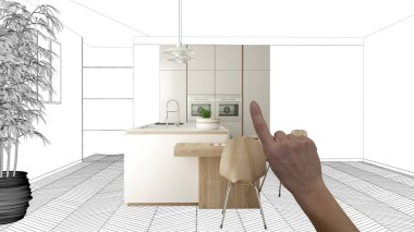 İnşaat taslak, konsept iç tasarım kroki, plan arka plan, mimar ve tasarımcı fikir ile el işaret gerçek ahşap Mutfak altında tamamlanmamış proje