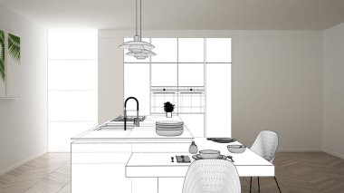 Plan proje taslağı, ada ve lambalar ile minimalist modern mutfak kroki, iç tasarım konsept fikri, parke zemin ile modern daire, çağdaş mobilya fikir