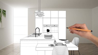 Bitmemiş proje, inşaat taslak altında, konsept iç tasarım kroki, gerçek arka planda el çizim planı mutfak kroki, mimar ve tasarımcı fikri