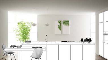 Plan proje taslağı, ada ve lambalar ile minimalist modern mutfak kroki, iç tasarım konsept fikri, parke zemin ile modern daire, çağdaş mobilya fikir