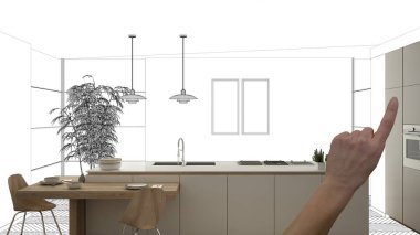 İnşaat taslak, konsept iç tasarım kroki, plan arka plan, mimar ve tasarımcı fikir ile el işaret gerçek ahşap Mutfak altında tamamlanmamış proje