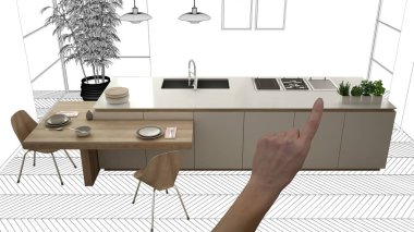 Altında inşaat taslak, konsept iç tasarım kroki, tamamlanmamış proje el işaret eden gerçek ahşap mutfak planı arka plan, mimar ve tasarımcı bir fikir, üstten görünüm