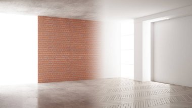 İç tasarım yenileme, öncesi ve sonrası, onarım ve duvar boyama, ringa kemiği parke döşeme, geliştirme adımları, kopya alanı ile ev yenileme kavramı fikir arka plan