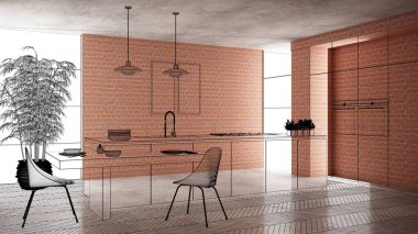 Ev yenileme, ev geliştirme kavramı arka plan, iç tasarım altında inşaat, özel mimari tasarım projesi, siyah mürekkep kroki, minimalist mutfak gösterilen blueprint