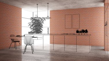 Ev yenileme, ev geliştirme kavramı arka plan, iç tasarım altında inşaat, özel mimari tasarım projesi, siyah mürekkep kroki, minimalist mutfak gösterilen blueprint