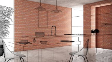 Ev yenileme, ev geliştirme kavramı arka plan, iç tasarım altında inşaat, özel mimari tasarım projesi, siyah mürekkep kroki, minimalist mutfak gösterilen blueprint