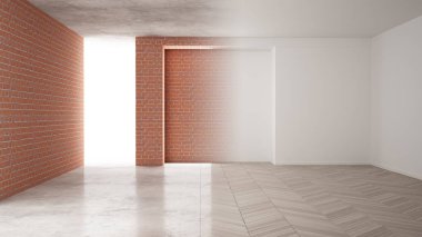 İç tasarım yenileme, öncesi ve sonrası, onarım ve duvar boyama, ringa kemiği parke döşeme, geliştirme adımları, kopya alanı ile ev yenileme kavramı fikir arka plan