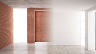 İç tasarım yenileme, öncesi ve sonrası, onarım ve duvar boyama, ringa kemiği parke döşeme, geliştirme adımları, kopya alanı ile ev yenileme kavramı fikir arka plan