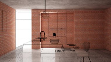 Ev yenileme, ev geliştirme kavramı arka plan, iç tasarım altında inşaat, özel mimari tasarım projesi, siyah mürekkep kroki, minimalist mutfak gösterilen blueprint