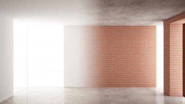 İç tasarım yenileme, öncesi ve sonrası, onarım ve duvar boyama, ringa kemiği parke döşeme, geliştirme adımları, kopya alanı ile ev yenileme kavramı fikir arka plan