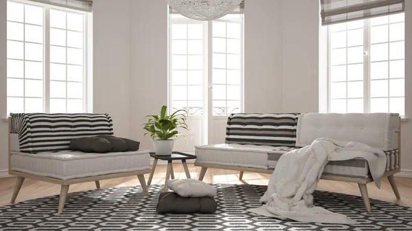 Büyük pencereler, kanepe, koltuk ve halı, modern iç tasarım ile İskandinav minimalist oturma odası. Mimar tasarımcı kavramı — Stok fotoğraf