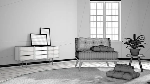 Незавершенный проект скандинавской минималистской гостиной с большим круглым ковром и диваном с подушками, современный дизайн интерьера. Идея дизайнера-архитектора с копировальным пространством — стоковое фото
