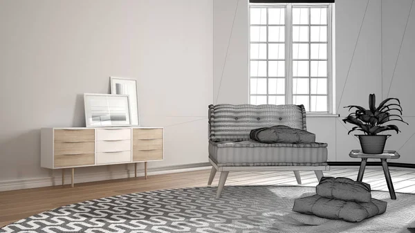Mimar iç tasarımcı konsepti: gerçek olur bitmemiş proje, büyük yuvarlak halı ve yastıklı kanepe ile İskandinav minimalist oturma odası, modern iç tasarım — Stok fotoğraf