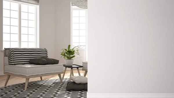 Modernes weißes und hölzernes Wohnzimmer mit Sofa an einer Vordergrundwand, Innenarchitektur-Idee, Konzept mit Kopierraum, leerer Hintergrund — Stockfoto