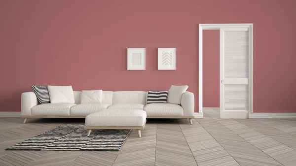 Modern living room with white sofa and carpet, red wall background with open door, herrigbone parquet, template background with copy space, interior design concept idea