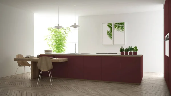 Cuisine moderne propre et contemporaine rouge, îlot et table à manger en bois avec chaises, bambou et plantes en pot, grande fenêtre et parquet chevrons, design intérieur minimaliste — Photo