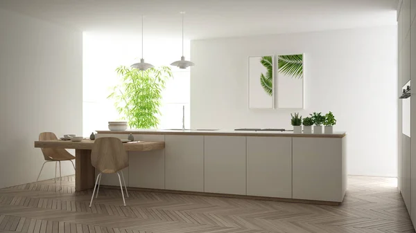 Μοντέρνο καθαρό σύγχρονο λευκό κουζίνα, νησί και ξύλινο τραπέζι φαγητού με καρέκλες, μπαμπού και γλάστρες φυτά, μεγάλο παράθυρο και ψαροκόκκαλο παρκέ δάπεδο, μινιμαλιστικό εσωτερικό σχεδιασμό — Φωτογραφία Αρχείου
