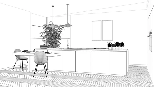Blaupause Projektentwurf, moderne, saubere zeitgenössische Küche, Insel- und Holzesstisch mit Stühlen, Bambus und Topfpflanzen, Fenster- und Parkettboden, Raumkonzept-Idee — Stockfoto