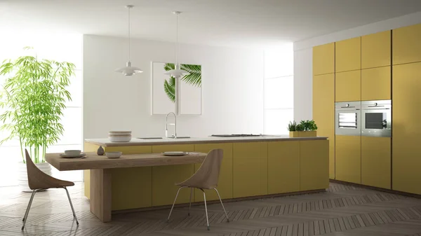 Moderna cozinha amarela contemporânea limpa, ilha e mesa de jantar de madeira com cadeiras, plantas de bambu e vasos, grande janela e espinha de peixe piso em parquet, design de interiores minimalista — Fotografia de Stock