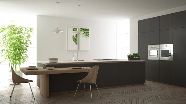 Moderna cocina gris contemporánea limpia, isla y mesa de comedor de madera con sillas, bambú y plantas en maceta, ventana grande y suelo de parquet de espiga, diseño interior minimalista — Foto de Stock