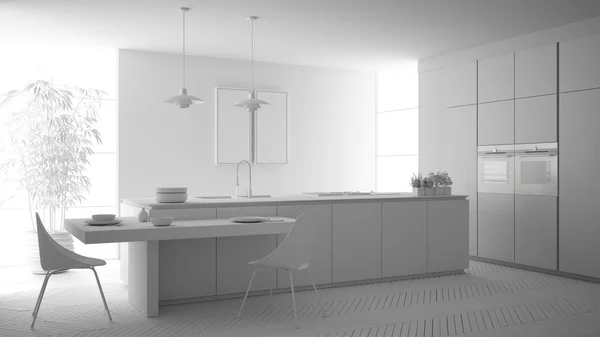 Teljes fehér projekt a modern tiszta kortárs konyha, sziget és fa étkező asztal székekkel, bambusz és cserepes növények, nagy ablak és parketta, minimalista belsőépítészet — Stock Fotó