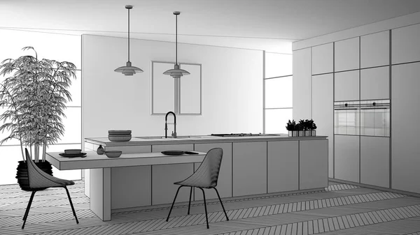 Ημιτελές έργο της σύγχρονης καθαρής σύγχρονης κουζίνας, νησί και ξύλινο τραπέζι φαγητού με καρέκλες, μπαμπού και γλάστρες φυτά, παράθυρο και παρκέ δάπεδο, εσωτερική ιδέα Design αντίληψη — Φωτογραφία Αρχείου