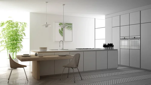 建筑师室内设计师概念：未完成的项目，成为真正的，现代的现代厨房，岛屿和餐桌与椅子，镶木地板，室内设计概念 — 图库照片