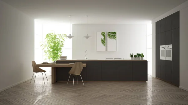 Σύγχρονη καθαρή σύγχρονη γκρίζα κουζίνα, νησί και ξύλινο τραπέζι φαγητού με καρέκλες, μπαμπού και γλάστρες φυτά, μεγάλο παράθυρο και ψαροκόκκαλο παρκέ δάπεδο, μινιμαλιστικό εσωτερικό σχεδιασμό — Φωτογραφία Αρχείου