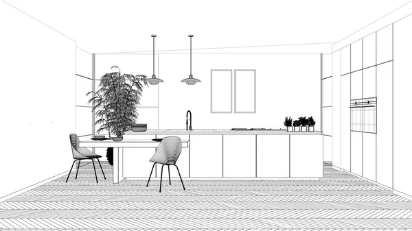 Проект чертежа, современная чистая современная кухня, обеденный стол из дерева и острова со стульями, бамбуковые и горшечные растения, пол с окнами и паркетом, концепция дизайна интерьера — стоковое фото