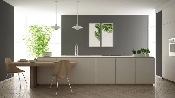 Cuisine moderne propre et contemporaine blanche, îlot et table à manger en bois avec chaises, bambou et plantes en pot, grande fenêtre et parquet chevrons, design intérieur minimaliste — Photo