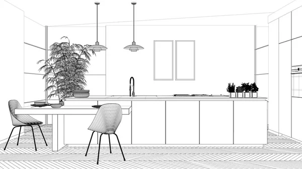 Projet de projet Blueprint, cuisine contemporaine moderne et propre, îlot et table à manger en bois avec chaises, bambou et plantes en pot, fenêtre et parquet, idée de concept de design d'intérieur — Photo