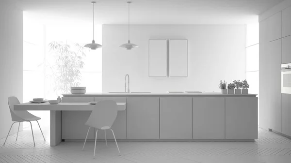 Całkowity biały projekt nowoczesnej czystej kuchni współczesnej, wyspa i drewniany stół z krzesłami, bambusa i roślin doniczkowy, duże okno i parkiet, minimalistyczny wystrój wnętrz — Zdjęcie stockowe