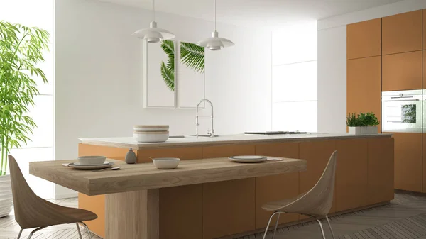 Moderne, saubere moderne orangefarbene Küche, Insel und Holztisch mit Stühlen, Bambus und Topfpflanzen, großer Fenster- und Fischgrätparkettboden, minimalistisches Interieur — Stockfoto