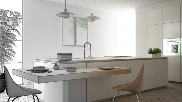 Arkitekt inredningsdesign koncept: ofullbordat projekt som blir verkligt, modernt modernt kök, ö och matbord med stolar, parkettgolv, inredningskoncept idé — Stockfoto