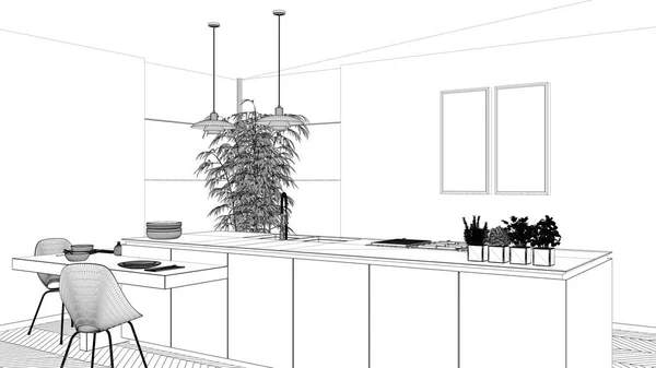 Проект чертежа, современная чистая современная кухня, обеденный стол из дерева и острова со стульями, бамбуковые и горшечные растения, пол с окнами и паркетом, концепция дизайна интерьера — стоковое фото