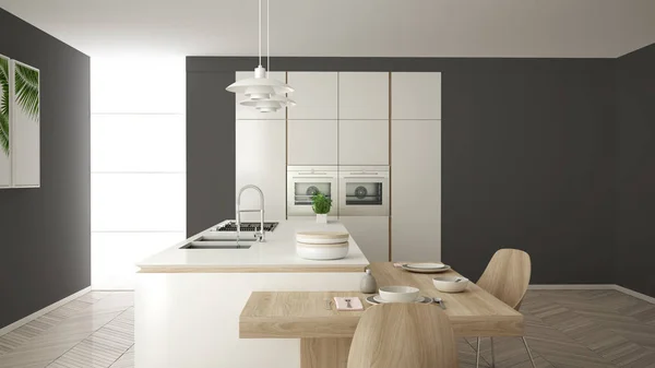 Moderne schone hedendaagse witte keuken, eiland en houten eettafel met stoelen, bamboe en potplanten, groot raam en visgraat parketvloer, minimalistisch interieur — Stockfoto