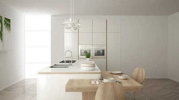 Moderna cocina blanca contemporánea limpia, isla y mesa de comedor de madera con sillas, bambú y plantas en maceta, ventana grande y suelo de parquet de espiga, diseño interior minimalista —  Fotos de Stock