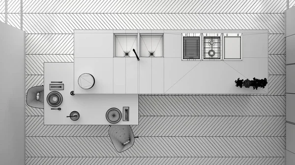 Modern temiz çağdaş mutfak bitmemiş proje, sandalye, bambu ve saksı bitkileri, pencere ve parke, iç tasarım konsepti, üst görünümü ile ahşap yemek masası