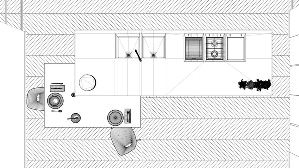 Проект чертежа, современная чистая современная кухня, обеденный стол из дерева и острова со стульями, бамбуковые и горшечные растения, окна и паркет, концепция интерьера, вид сверху — стоковое фото