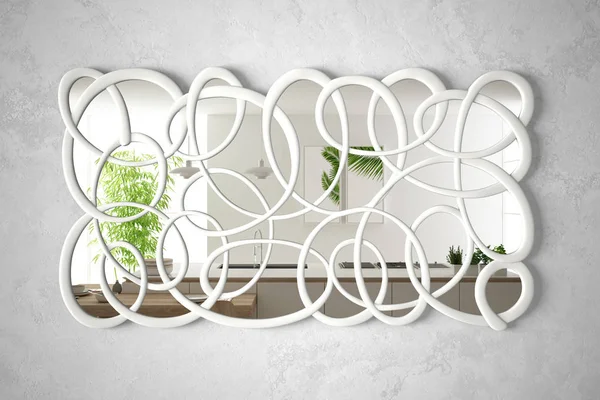 Nowoczesne lustro skręcone kształt wiszące na ścianie odzwierciedlające wnętrze sceny projektowania, jasne białe i drewniane kuchnia, minimalistyczna biała architektura, architekt koncepcji projektanta pomysł — Zdjęcie stockowe