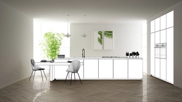 Projecto de projecto de planta, esboço de cozinha moderna minimalista com ilha e lâmpadas, ideia de conceito de design de interiores, apartamento moderno com piso em parquet, ideia de mobiliário contemporâneo — Fotografia de Stock